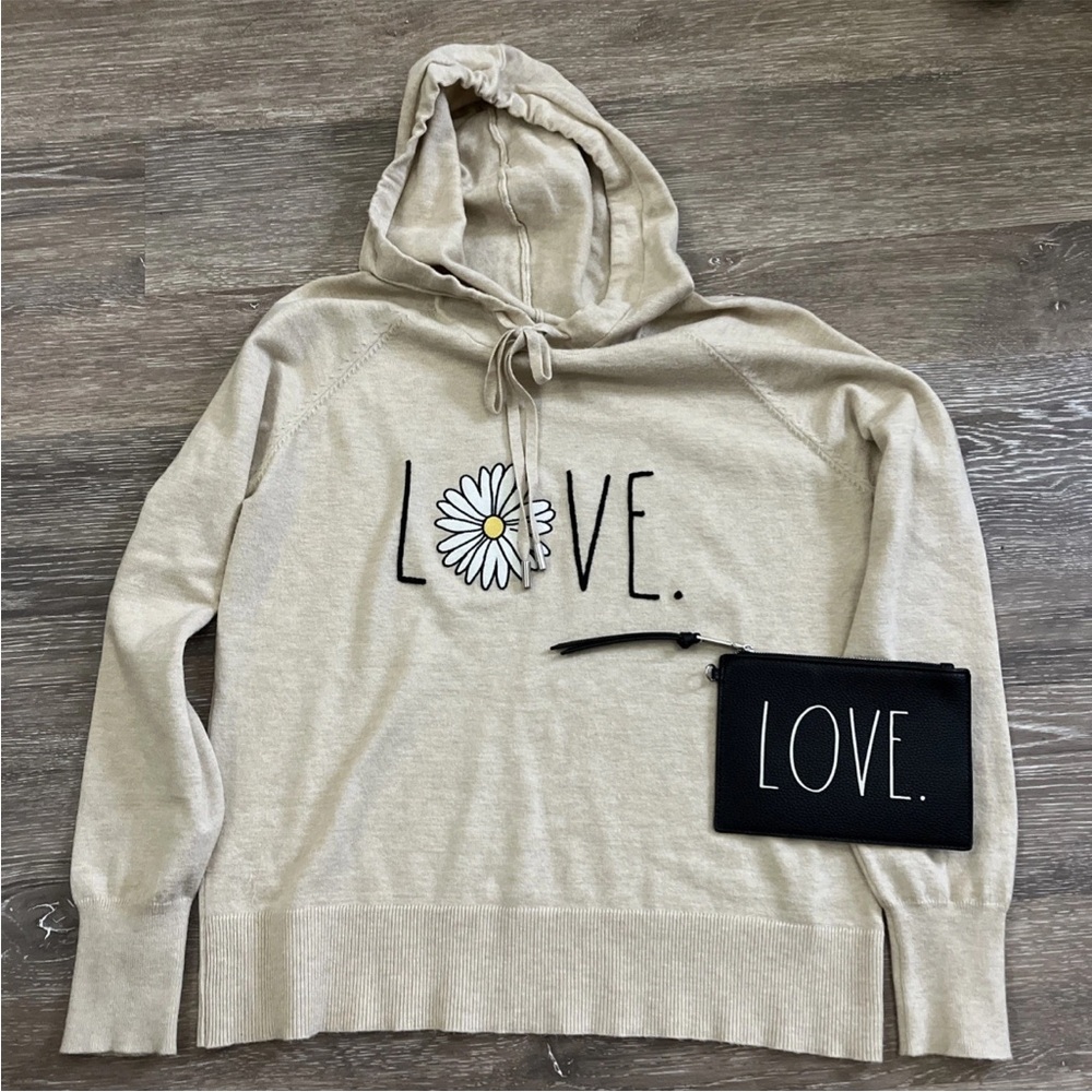 Rae Dunn Size Small Cream Hoodie sweater with Daisy Love Accent & Love Wristlet